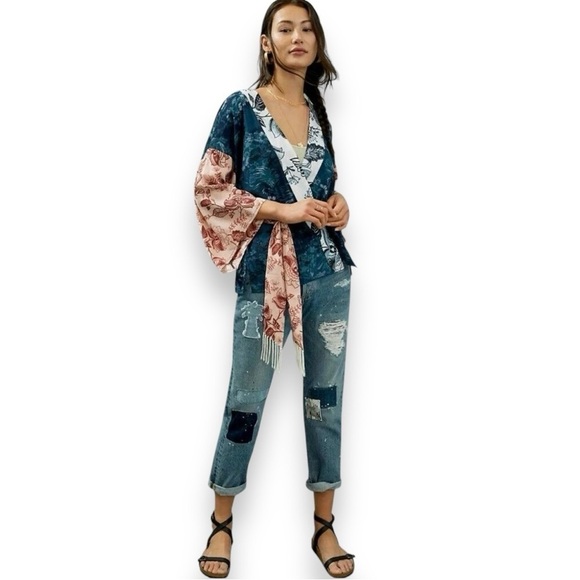 NWT Anthropologie Tori Cropped Kimono Mixed Pattern Open Cardigan One Size - Picture 1 of 9